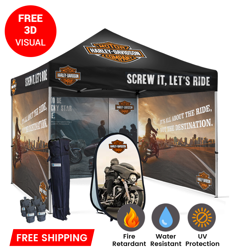 10x10 Canopy – 3 Full Walls & Vertical Banner