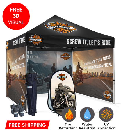 10x10 Canopy – 3 Full Walls & Vertical Banner