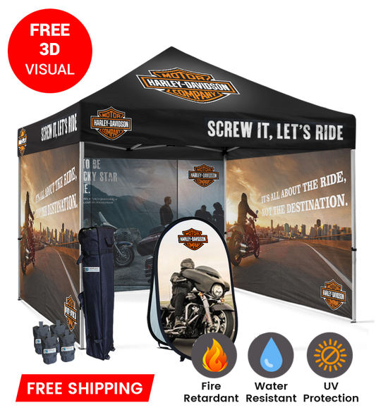 10x10 Canopy – 3 Full Walls & Vertical Banner
