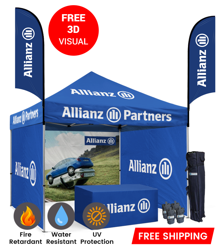 10x10 Custom Canopy Tent – 3 Full Walls, Table Throw & 2 Feather Flags