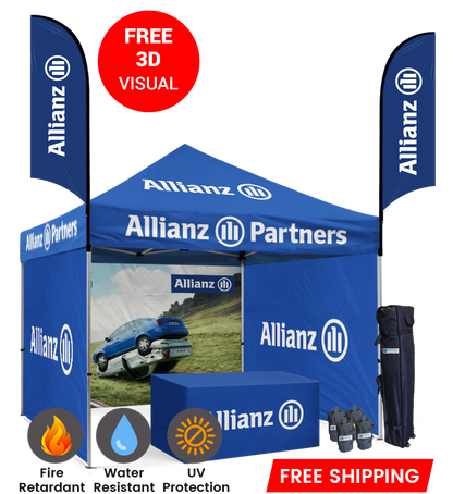 10x10 Custom Canopy Tent – 3 Full Walls, Table Throw & 2 Feather Flags