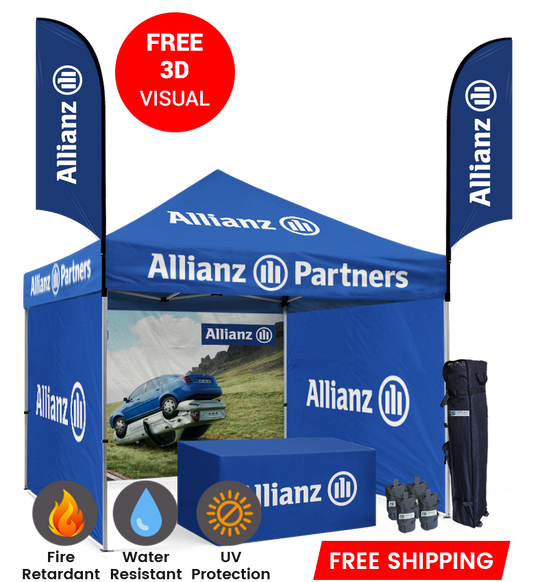 10x10 Custom Canopy Tent – 3 Full Walls, Table Throw & 2 Feather Flags