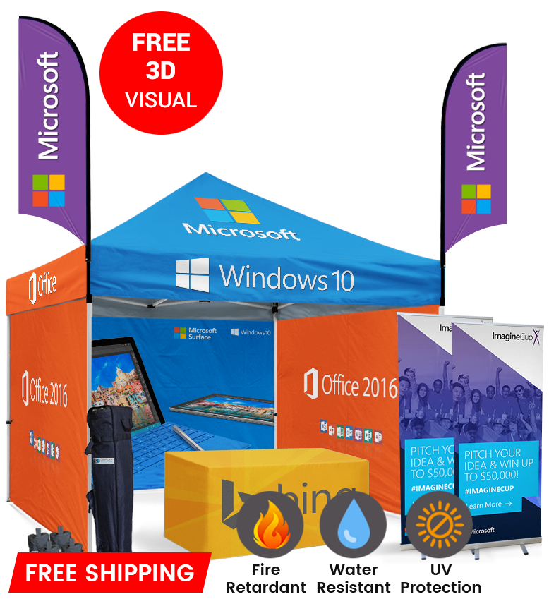 10x10 Canopy – 3 Walls, Table, 2 Flags & 2 Roll-Up Banners