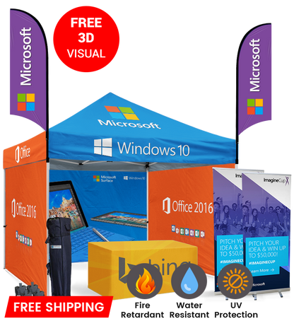 10x10 Canopy – 3 Walls, Table, 2 Flags & 2 Roll-Up Banners