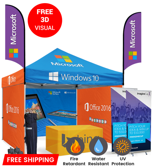 10x10 Canopy – 3 Walls, Table, 2 Flags & 2 Roll-Up Banners