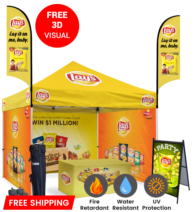 10x10 Canopy – 3 Walls, Table, 2 Flags & A-Frame