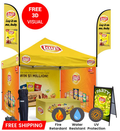 10x10 Canopy – 3 Walls, Table, 2 Flags & A-Frame