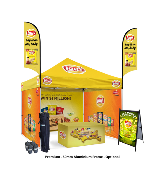 10x10 Canopy – 3 Walls, Table, 2 Flags & A-Frame