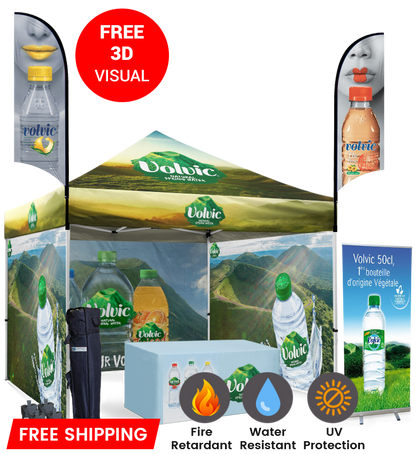 10x10 Canopy – 3 Walls, Table, 2 Flags & Roll-Up Banner