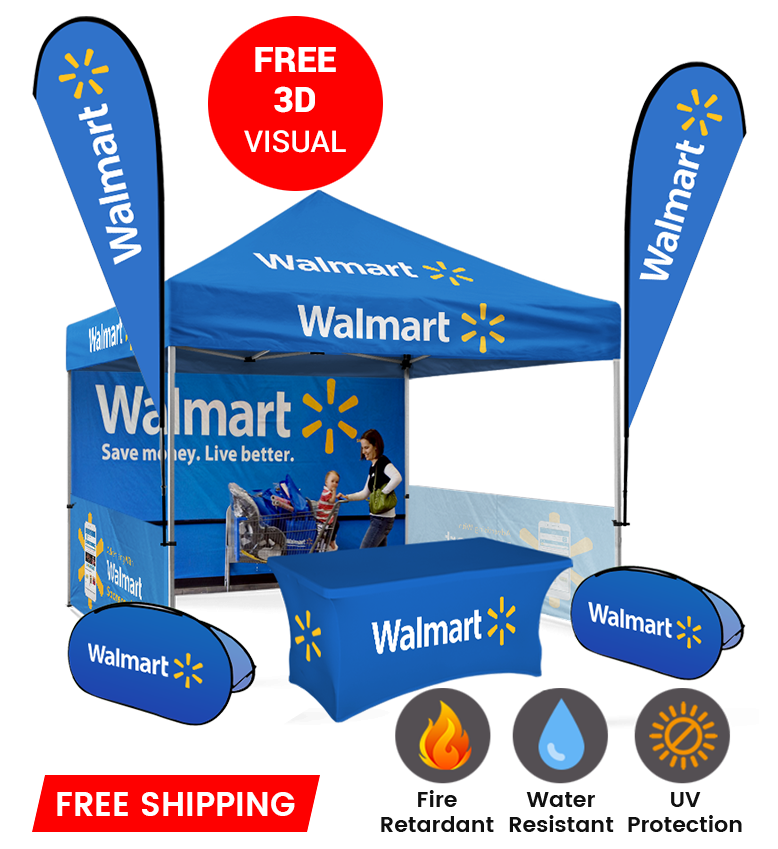 10x10 Canopy – Back, 2 Half Walls, Table, 2 Flags & Horiz. Banner