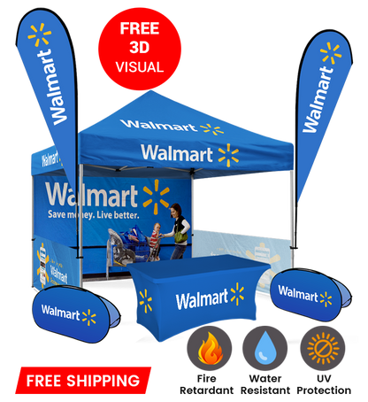 10x10 Canopy – Back, 2 Half Walls, Table, 2 Flags & Horiz. Banner