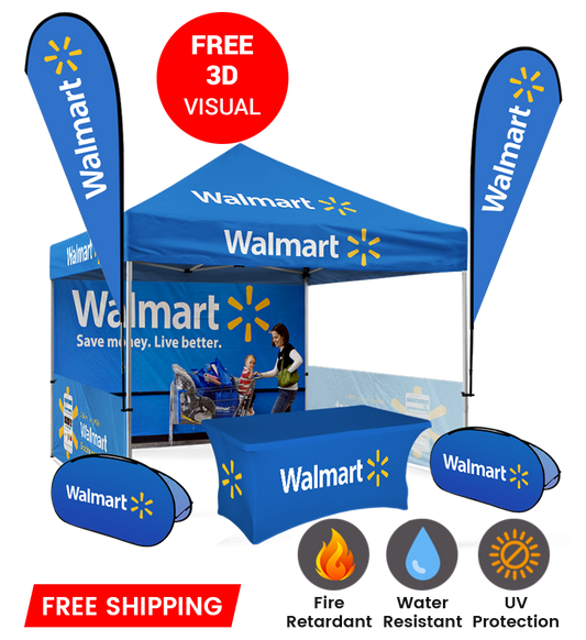 10x10 Canopy – Back, 2 Half Walls, Table, 2 Flags & Horiz. Banner