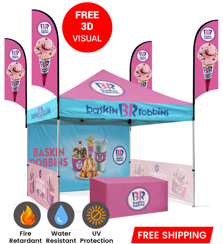 10x10 Canopy – Back, 2 Half Walls, Table & 4 Flags