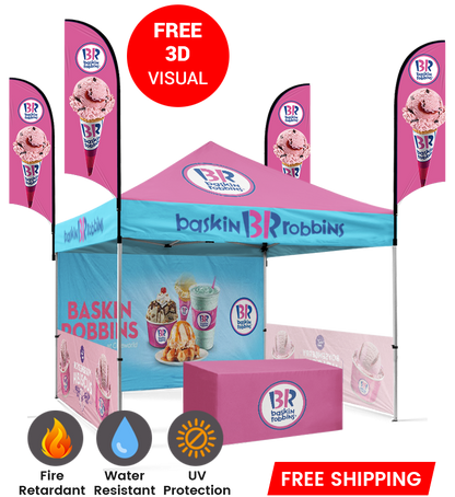 10x10 Canopy – Back, 2 Half Walls, Table & 4 Flags