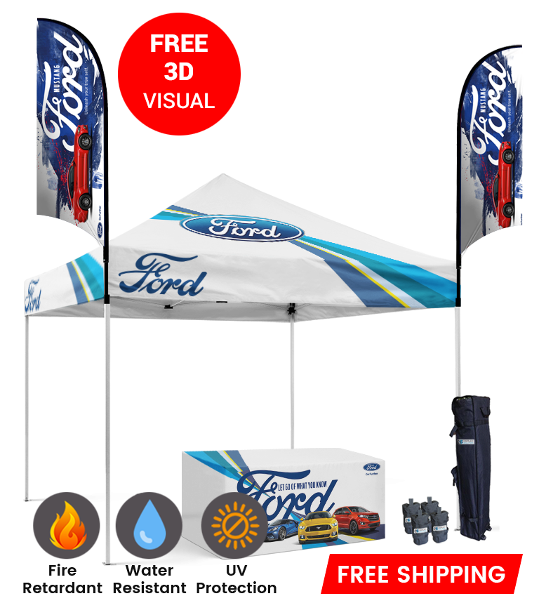 10x10 Canopy – Table Throw & 2 Feather Flags