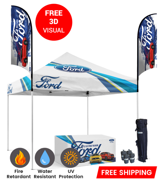 10x10 Canopy – Table Throw & 2 Feather Flags