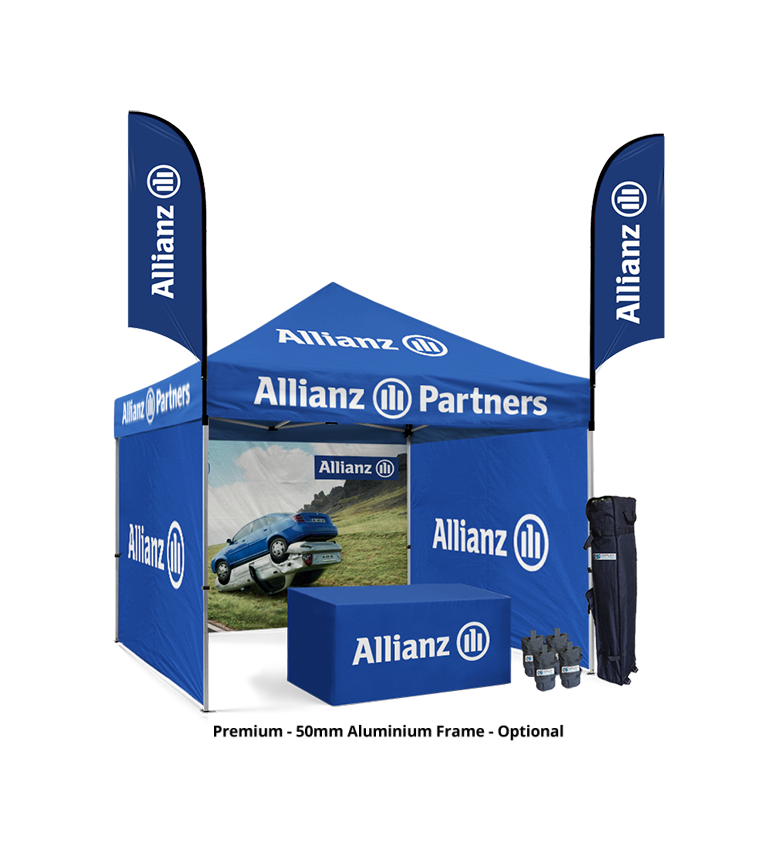 10x10 Custom Canopy Tent – 3 Full Walls, Table Throw & 2 Feather Flags