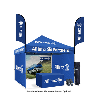 10x10 Custom Canopy Tent – 3 Full Walls, Table Throw & 2 Feather Flags