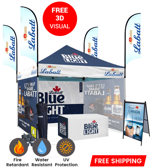 10x10 Canopy – 3 Walls, Table, 4 Flags & A-Frame
