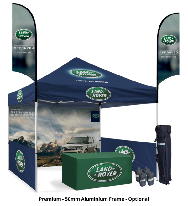 10x10 Canopy – Back, 2 Half Walls, Table & 2 Flags