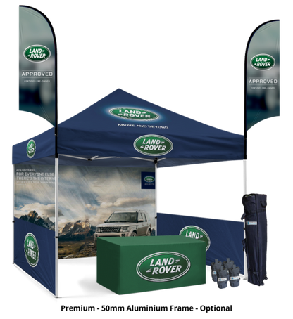 10x10 Canopy – Back, 2 Half Walls, Table & 2 Flags
