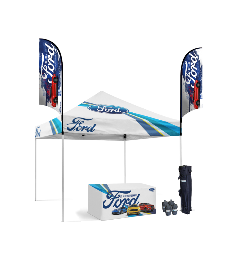 10x10 Canopy – Table Throw & 2 Feather Flags