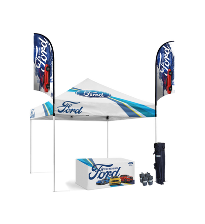 10x10 Canopy – Table Throw & 2 Feather Flags