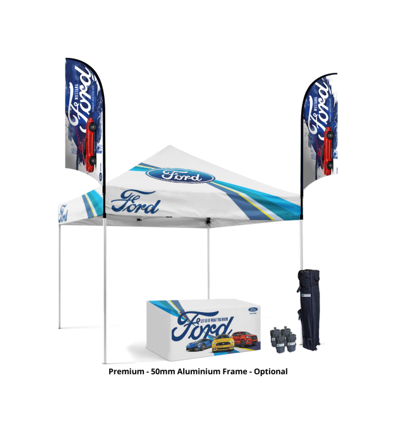 10x10 Canopy – Table Throw & 2 Feather Flags