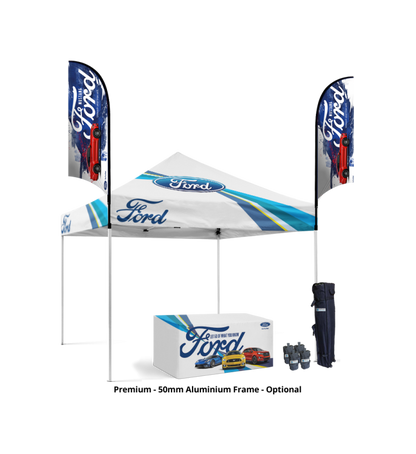 10x10 Canopy – Table Throw & 2 Feather Flags