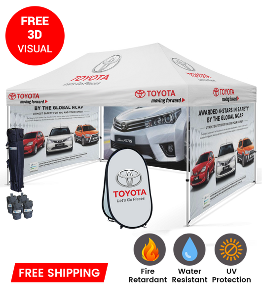 10x15 Canopy – 3 Full Walls & Vertical Banner