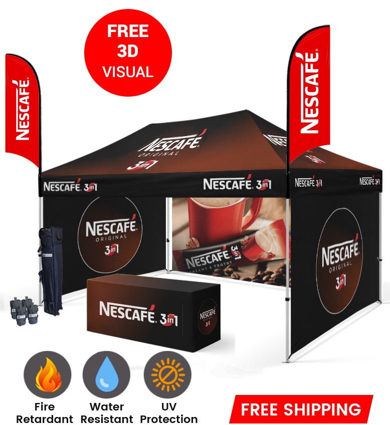 10x15 Canopy – 3 Walls, Table & 2 Flags