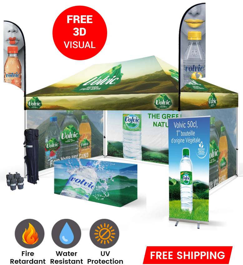 10x15 Canopy – 3 Walls, Table, 2 Flags & Roll-Up Banner
