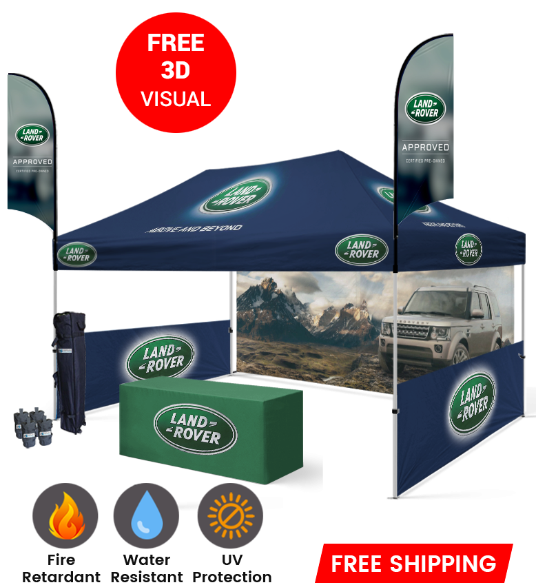 10x15 Canopy – Back, 2 Half Walls, Table & 2 Flags