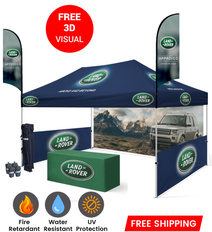 10x15 Canopy – Back, 2 Half Walls, Table & 2 Flags