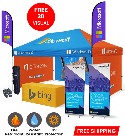 10x15 Canopy – 3 Walls, Table, 2 Flags & 2 Roll-Up Banners