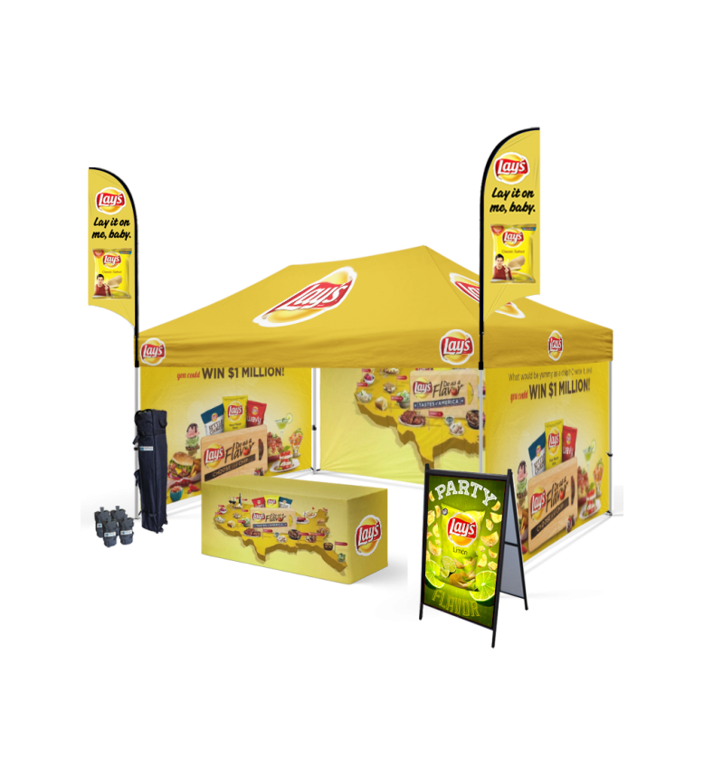 10x15 Canopy – 3 Walls, Table, 2 Flags & A-Frame