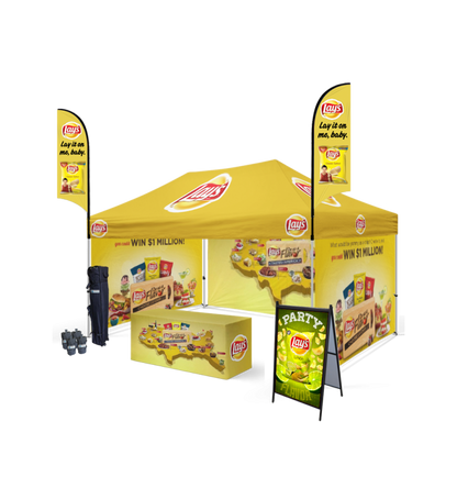 10x15 Canopy – 3 Walls, Table, 2 Flags & A-Frame