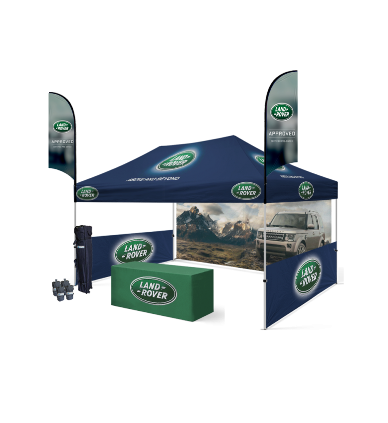 10x15 Canopy – Back, 2 Half Walls, Table & 2 Flags