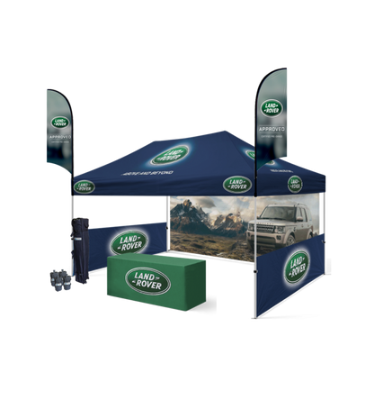 10x15 Canopy – Back, 2 Half Walls, Table & 2 Flags