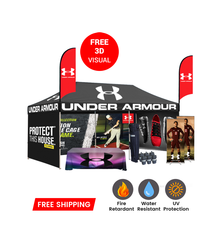 10x20 Canopy – 3 Walls, Table, 2 Flags & 2 Roll-Up Banners
