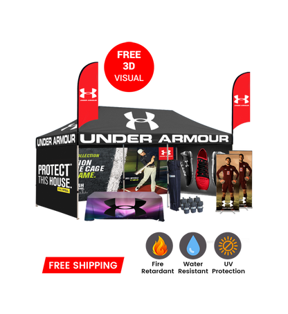 10x20 Canopy – 3 Walls, Table, 2 Flags & 2 Roll-Up Banners