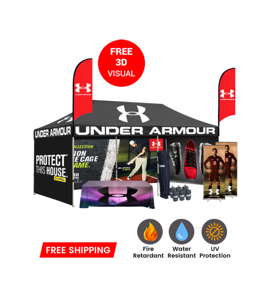 10x20 Canopy – 3 Walls, Table, 2 Flags & 2 Roll-Up Banners