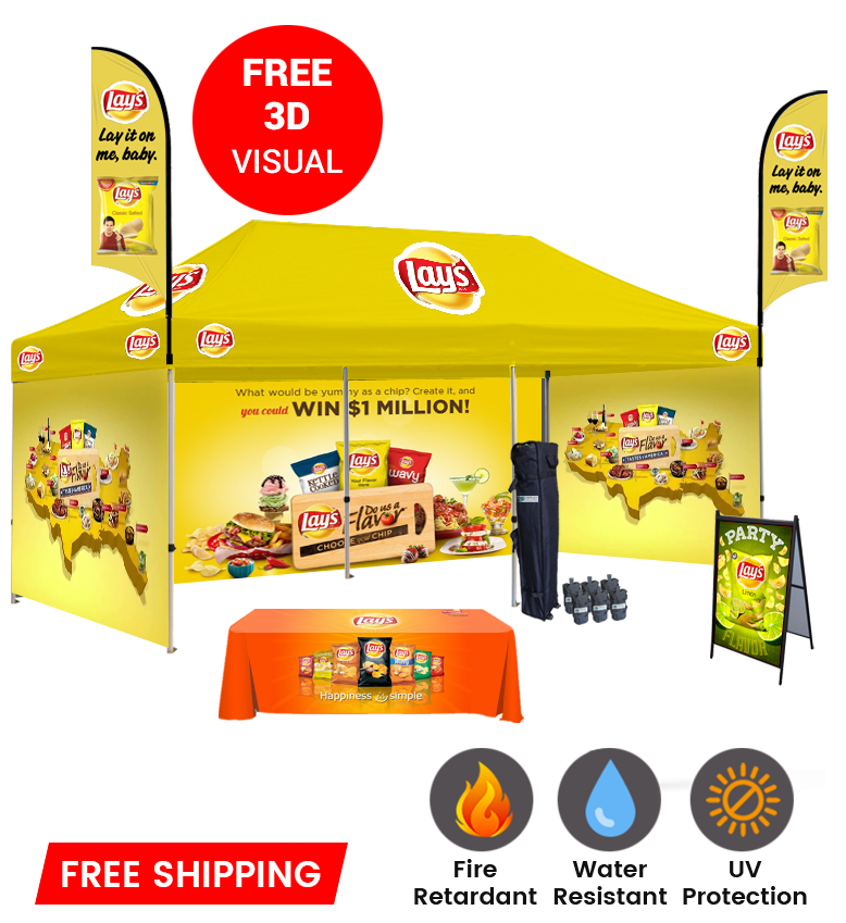 10x20 Canopy – 3 Walls, Table, 2 Flags & A-Frame