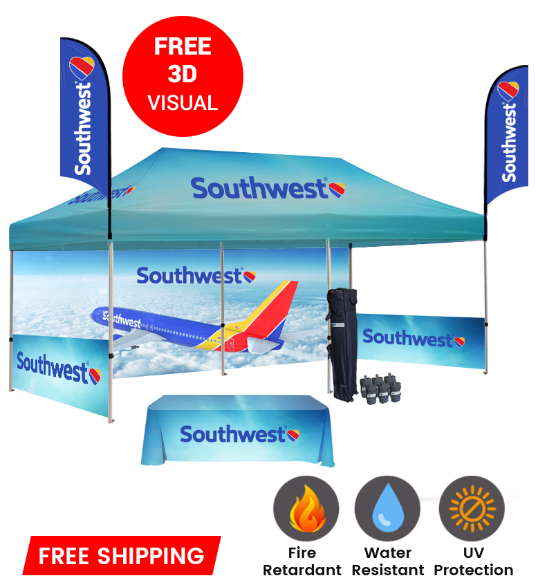10x20 Canopy – Back, 2 Half Walls, Table & 2 Flags