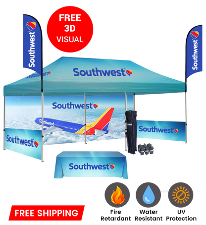 10x20 Canopy – Back, 2 Half Walls, Table & 2 Flags