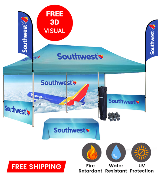 10x20 Canopy – Back, 2 Half Walls, Table & 2 Flags