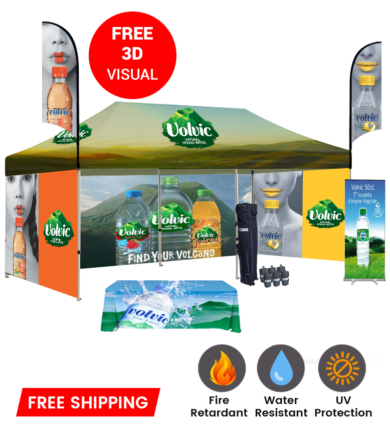 10x20 Canopy – 3 Walls, Table, 2 Flags & Roll-Up Banner