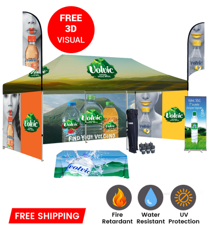 10x20 Canopy – 3 Walls, Table, 2 Flags & Roll-Up Banner