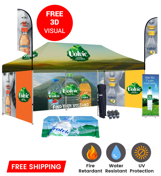 10x20 Canopy – 3 Walls, Table, 2 Flags & Roll-Up Banner