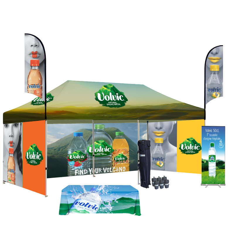 10x20 Canopy – 3 Walls, Table, 2 Flags & Roll-Up Banner